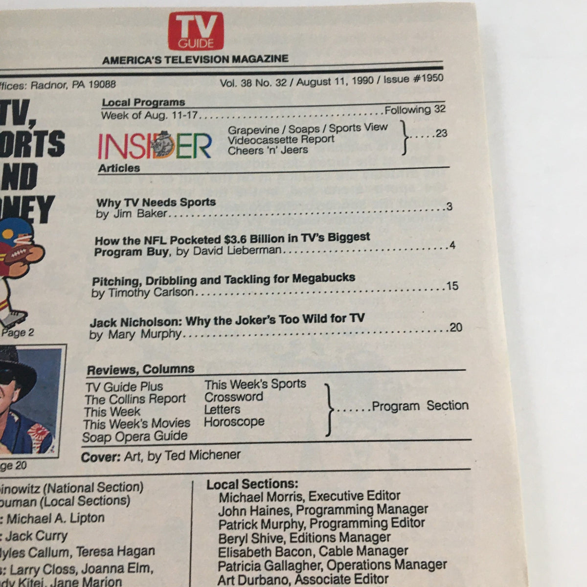 Inside page of TV Guide Magazine from August 11 1990, listing articles including 'Why TV Needs Sports' and showcasing the magazine's features.