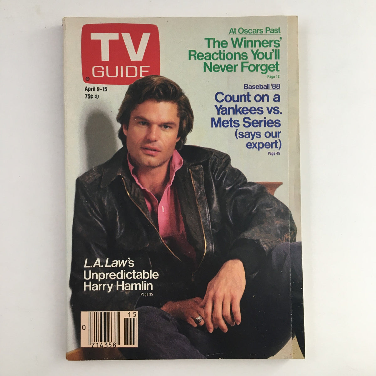 Cover of TV Guide Magazine April 9 1988 featuring Harry Hamlin, showcasing his role in L.A. Law, with additional features on Oscar reactions and baseball highlights.