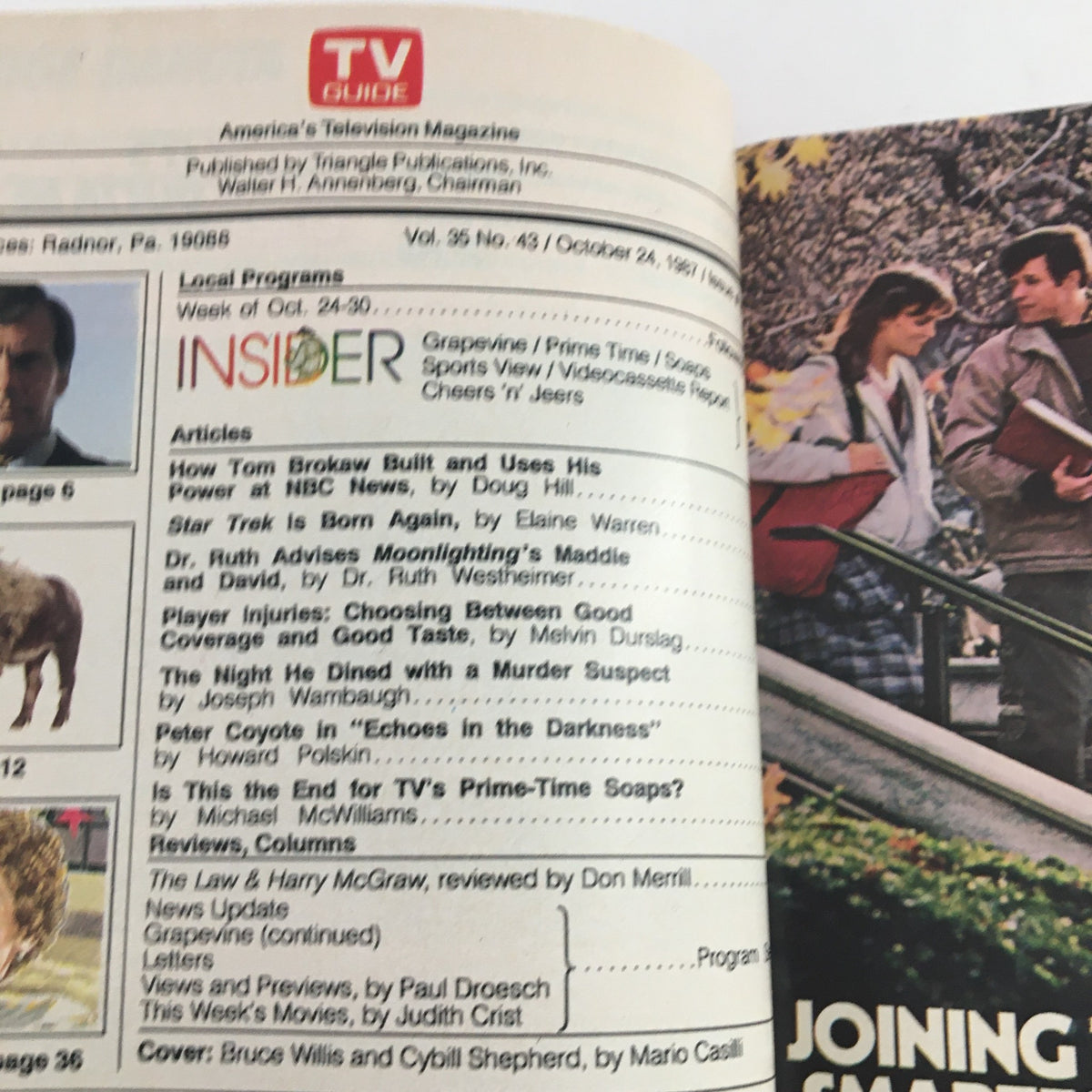 Inside page of TV Guide Magazine dated October 24, 1987 featuring articles on programming and trends, highlighting Bruce Willis & Cybill Shepherd on the cover.