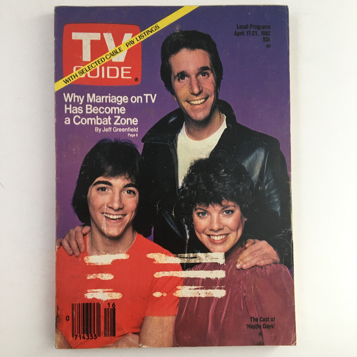 TV Guide Magazine April 17 1982 featuring Scott Baio, Henry Winkler, and Erin Moran on the cover with a vibrant purple background.
