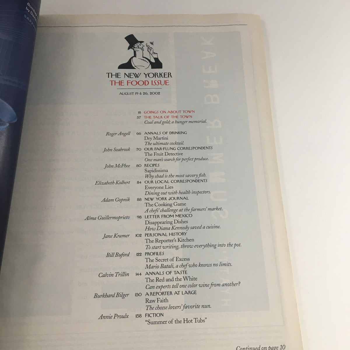 The New Yorker August 19 2002 Full Magazine Theme Cover by Wayne Thiebaud, featuring the Table of Contents and contributors details, in very good condition, showcasing smooth edges and protected with a plastic cover.