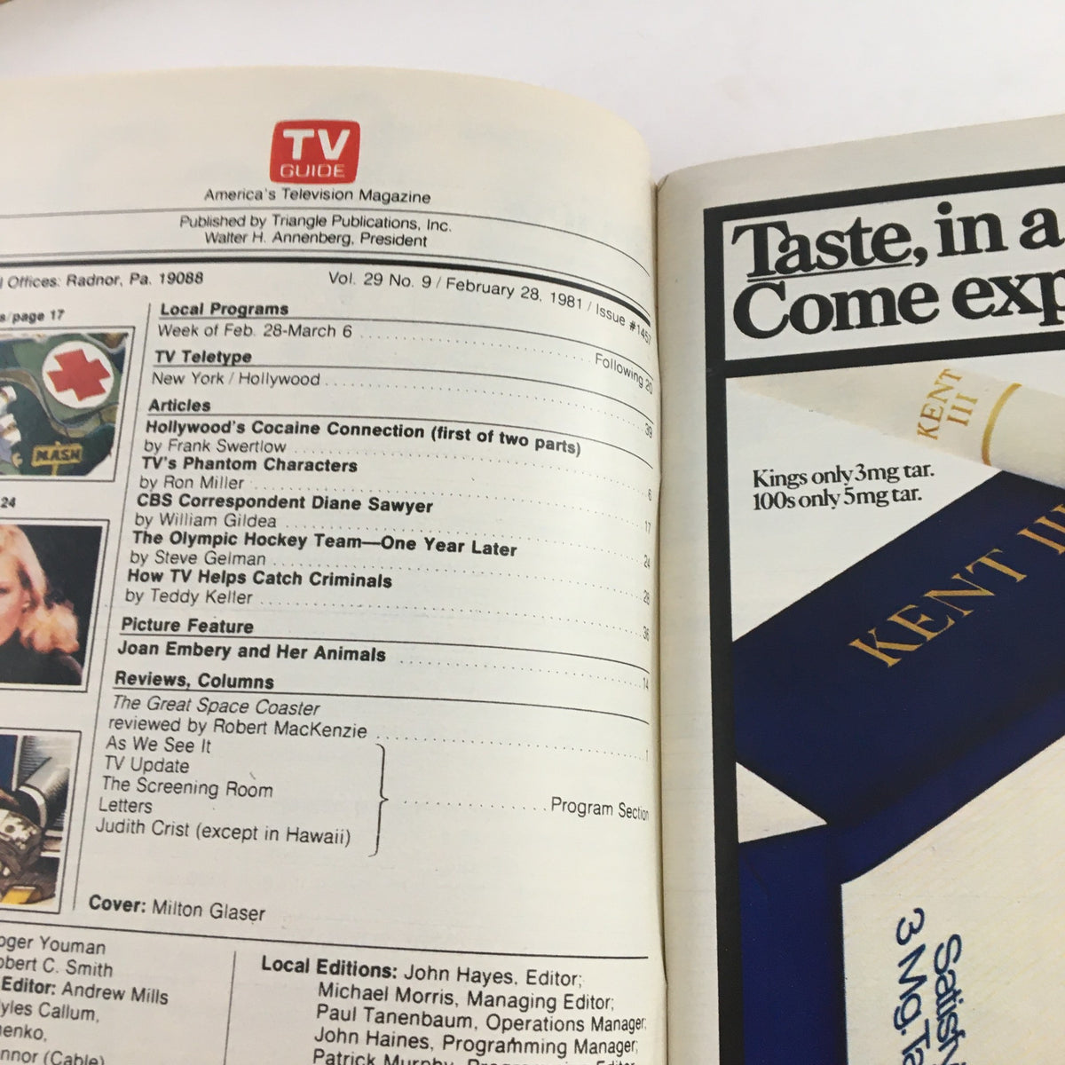Interior of TV Guide Magazine February 28, 1981 showing local program listings and articles including 'Hollywood's Cocaine Connection'.