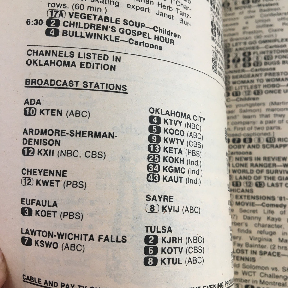 Listing of broadcast stations in the Oklahoma edition of TV Guide Magazine February 28, 1981, detailing local channels.