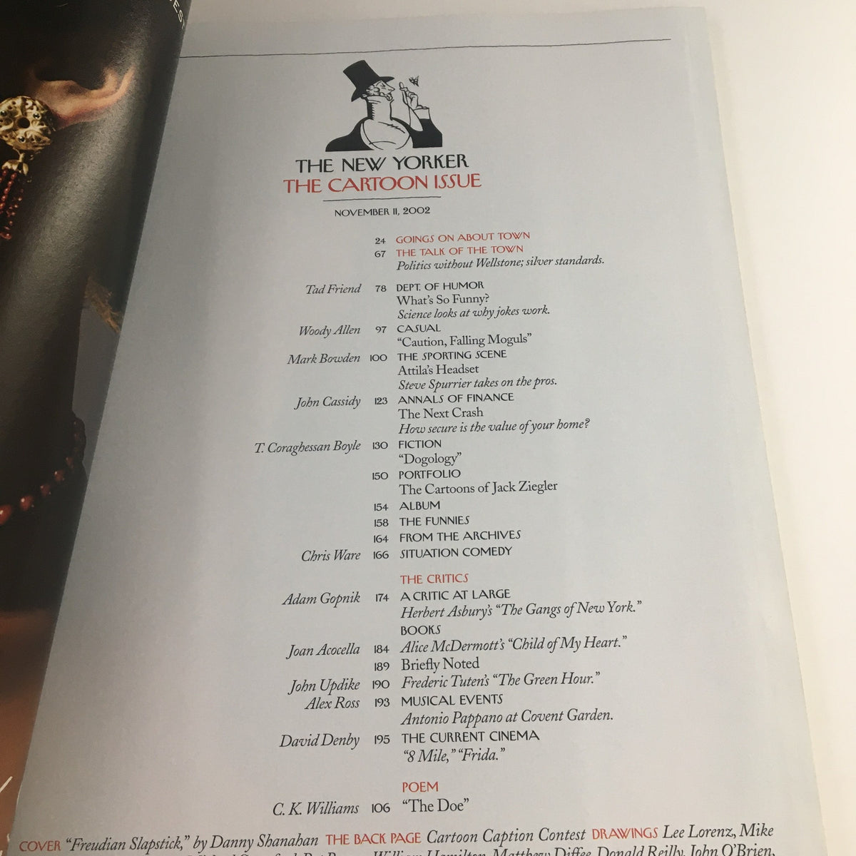 The New Yorker Full Magazine November 2002 inside page showcasing the contents for the Cartoon Issue, including titles and contributors of various articles.