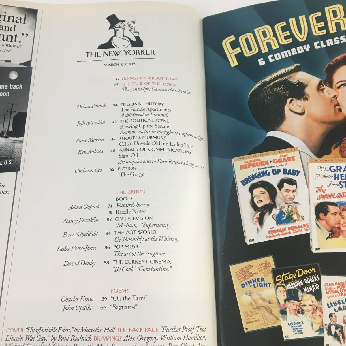 Interior page of The New Yorker March 7, 2005, displaying the table of contents, highlighting contributors and featured articles in a vintage magazine format.