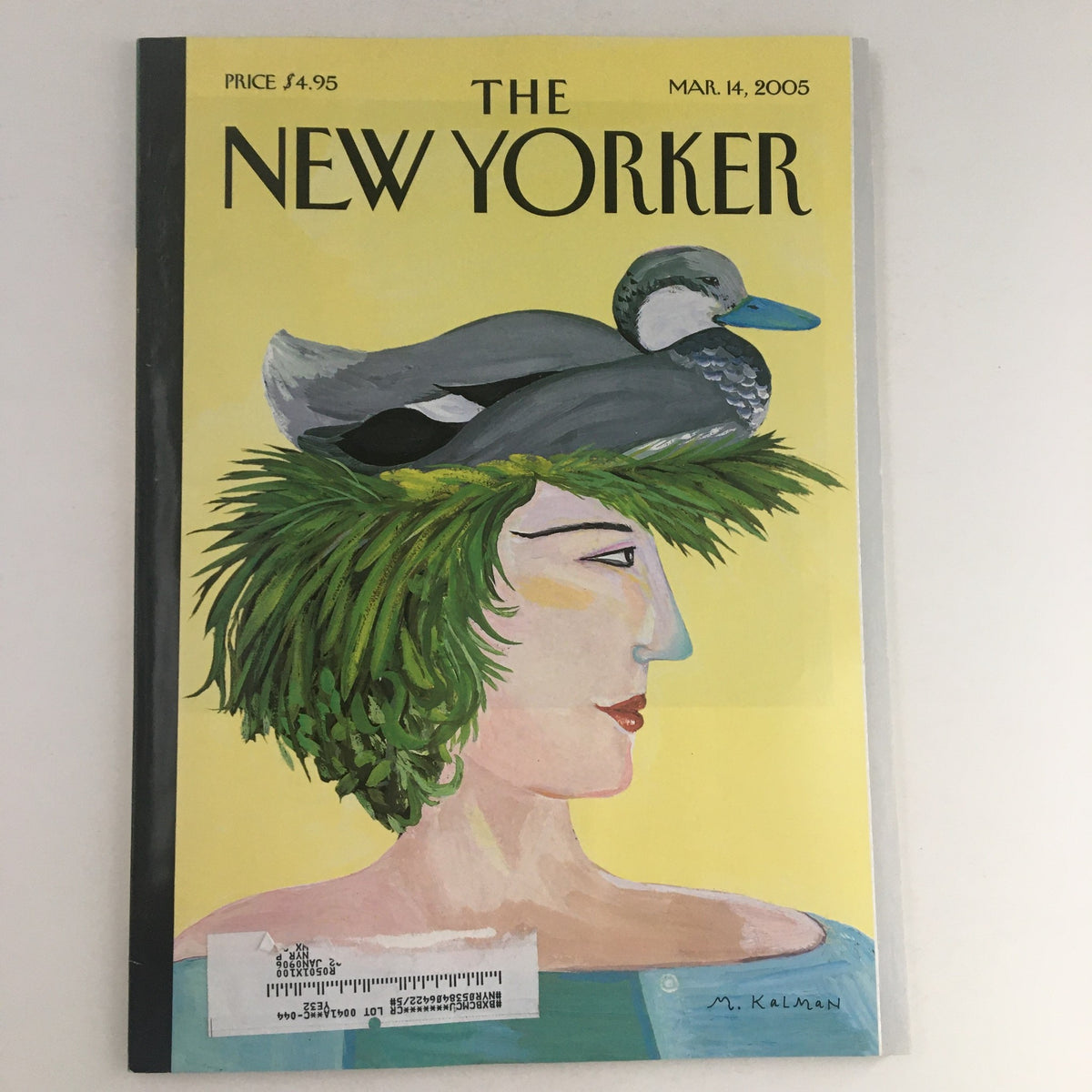 The New Yorker March 14 2005 Full Magazine Theme Cover by Maira Kalman featuring a creative illustration of a woman with a duck on a vibrant yellow background.