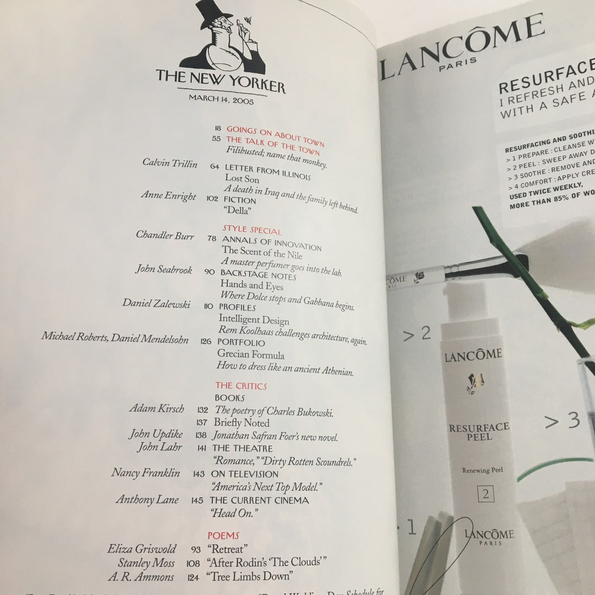 Interior page of The New Yorker March 14 2005 showcasing contents including literary articles and a style section, emphasizing the magazine's artistic and cultural themes.