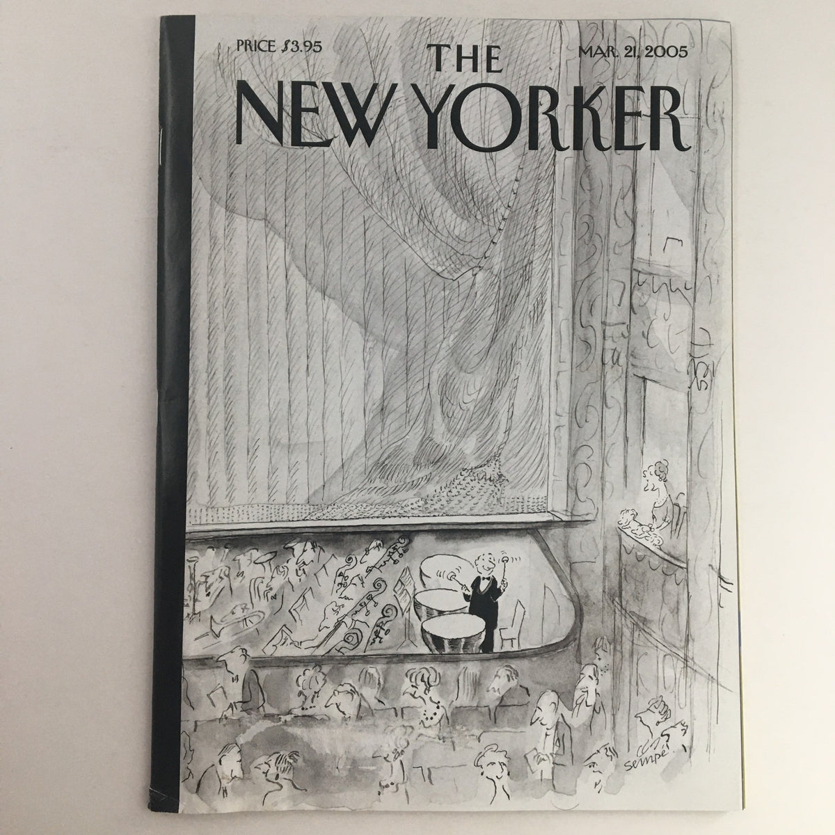 Cover of The New Yorker Magazine March 21 2005 featuring artwork titled 'Bursting with Pride' by Jean-Jacques Sempé, depicting a comedic theater scene.