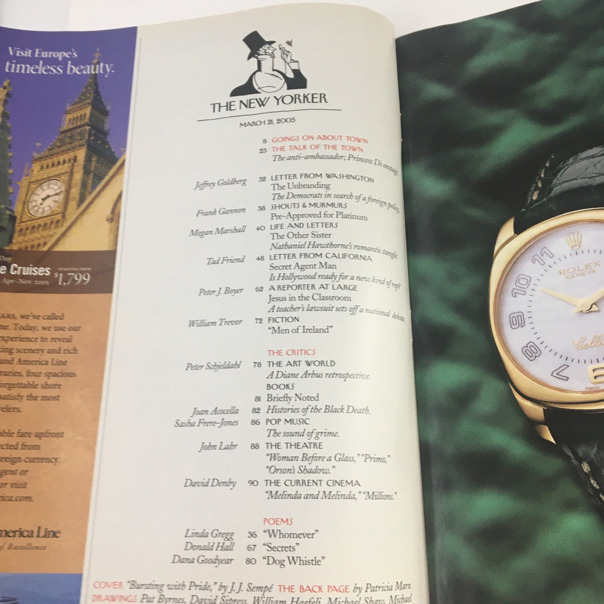 Inside page of The New Yorker Magazine March 21 2005 showcasing the table of contents, including sections such as 'Talk of the Town', articles, and contributors.