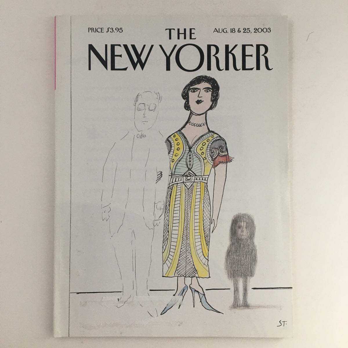 The New Yorker August 18 2003 Full Magazine cover illustrated by Saul Steinberg, featuring a stylish woman, a ghostly figure, and a dog, showcasing the magazine's unique art style.