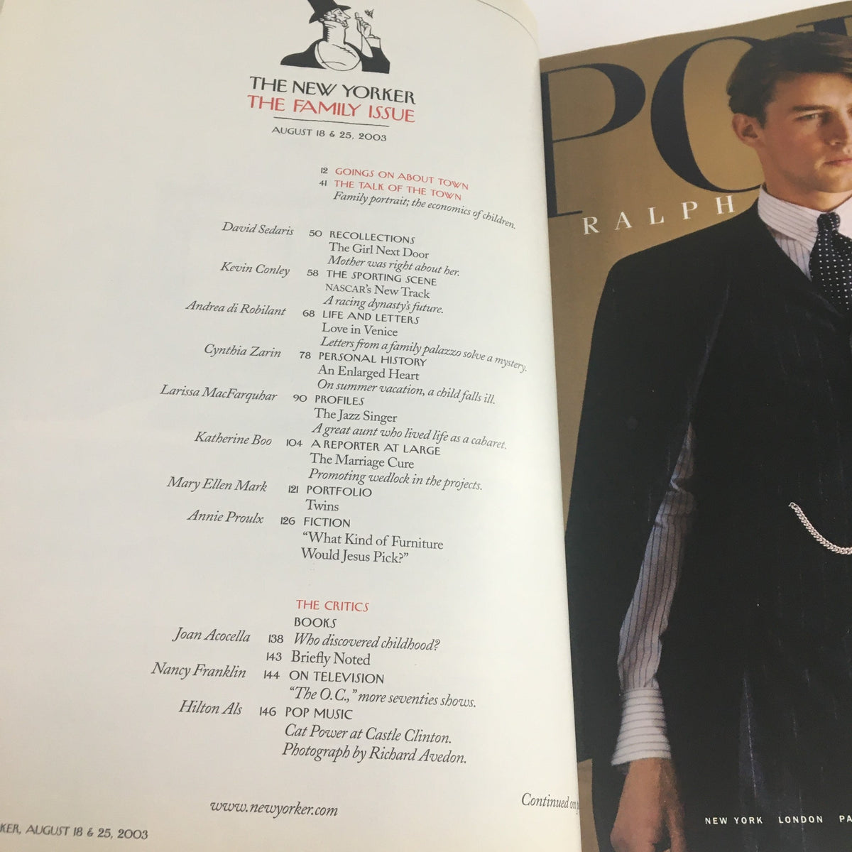 Inside page of The New Yorker August 18 2003 magazine, highlighting the table of contents and articles, including contributions from various writers in a vintage aesthetic.