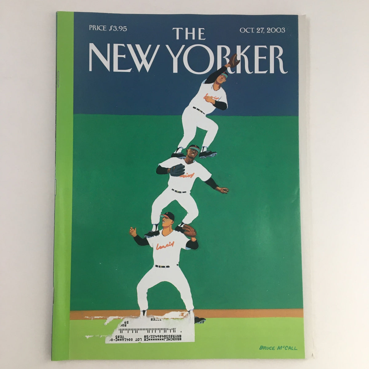 The New Yorker Full Magazine October 27 2003 featuring 'Fly Ball' cover art by Bruce McCall, showcasing three baseball players in action.