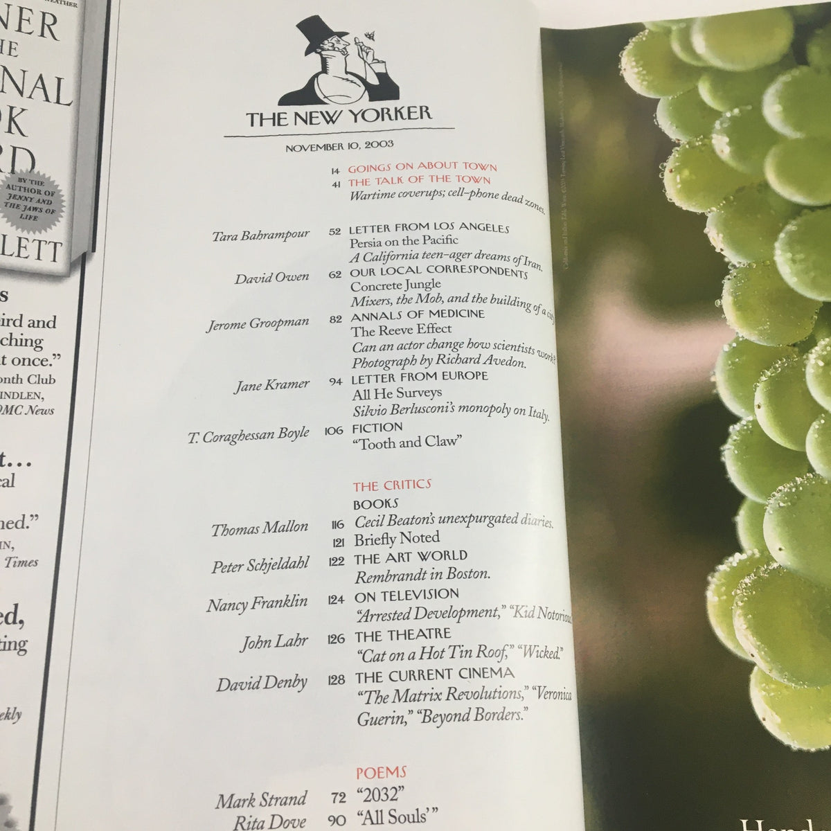 Table of contents from The New Yorker Full Magazine November 10, 2003, presenting various articles and critics, detailing the rich journalistic content of the issue.