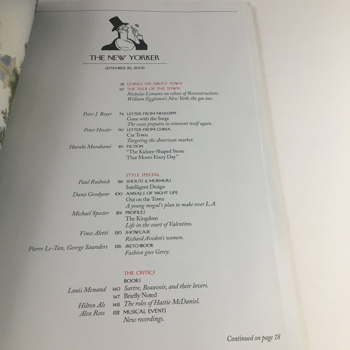 Interior page of The New Yorker September 26, 2005, showcasing the magazine's table of contents and various article titles.