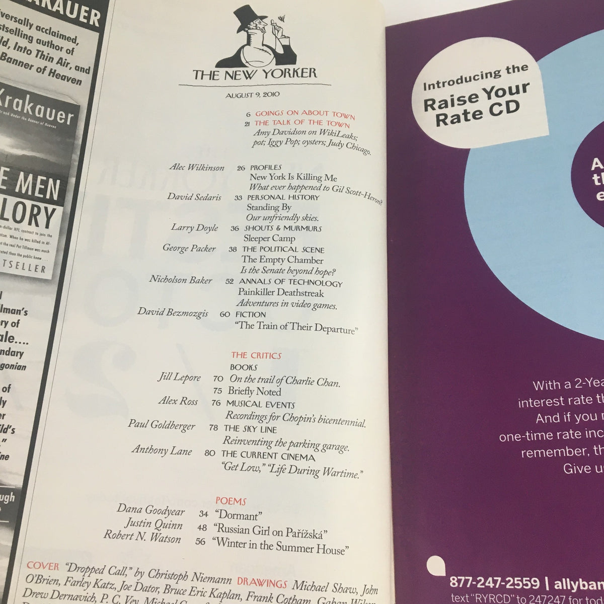 Contents page of The New Yorker August 9 2010 magazine listing articles and sections, showcasing the publication's distinctive layout and design.