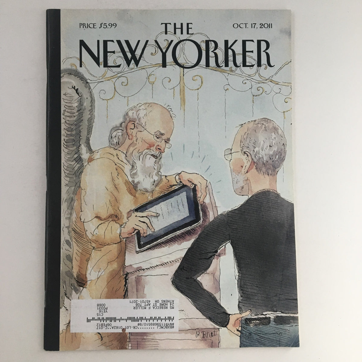 The New Yorker magazine cover from October 17, 2011, featuring a caricature of Steve Jobs and an angelic figure, highlighting the tribute to Jobs' legacy.