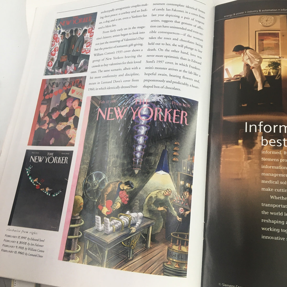 Another interior page from The New Yorker Magazine, featuring illustrations and articles that reflect the magazine's history and the theme of relationships, linked to the February 13 2003 issue.