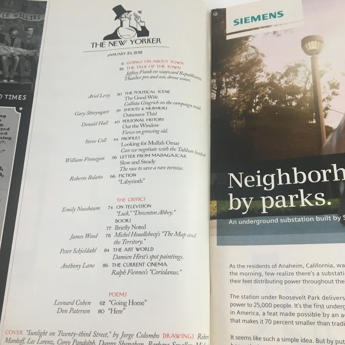 Inside page of The New Yorker Magazine January 23 2012, displaying the table of contents with various articles, including features on television and poetry.