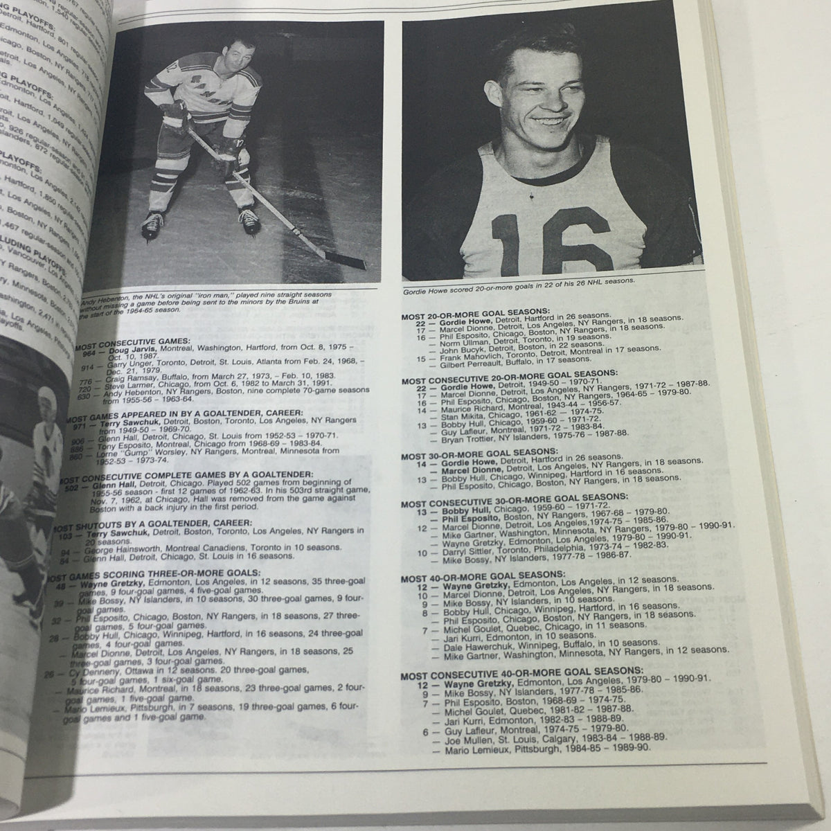 Inside view of the VTG NHL Official Guide & Record Book 1991-1992 featuring player statistics and listings including Mario Lemieux.