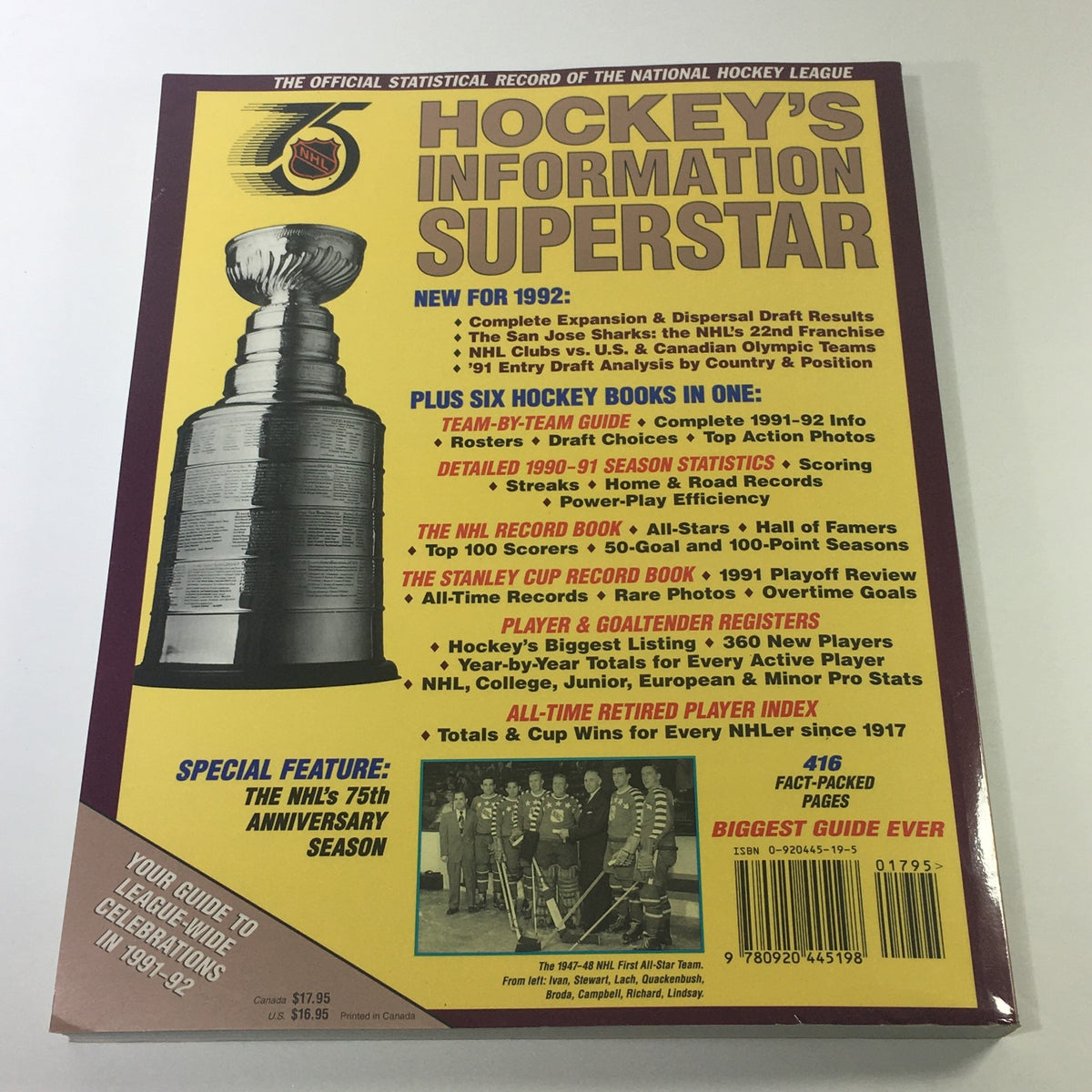 Back cover of the VTG NHL Official Guide & Record Book 1991-1992 showcasing the Stanley Cup and promotional information about the league.