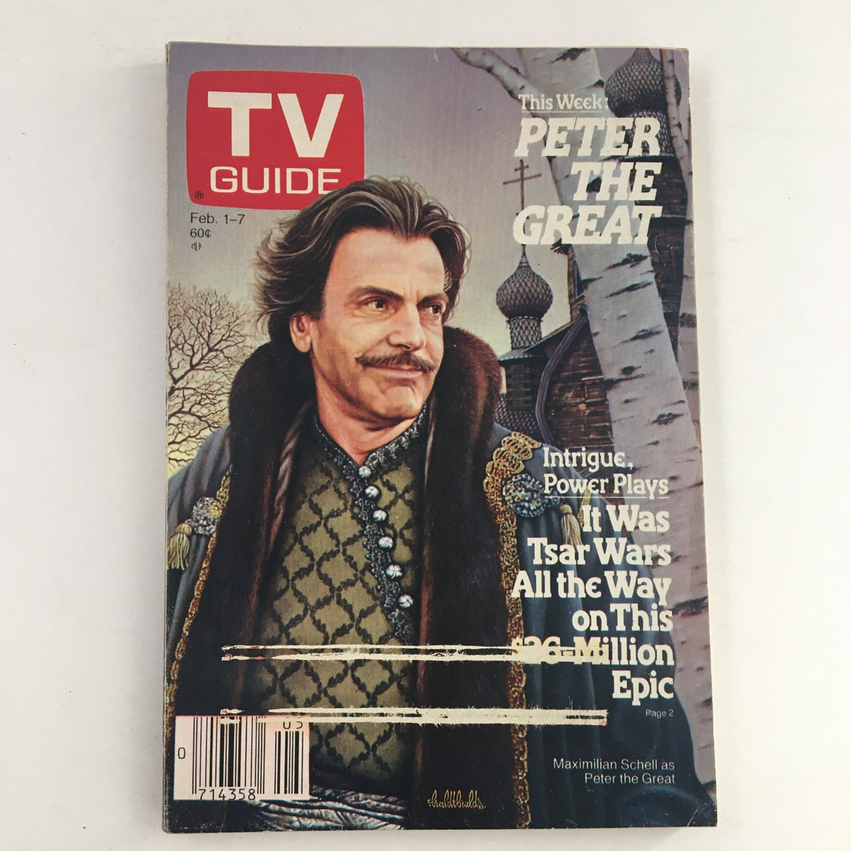 TV Guide Magazine February 1 1986 featuring Maximillian Schell on the cover, themed around Peter the Great, showcasing classic TV culture.