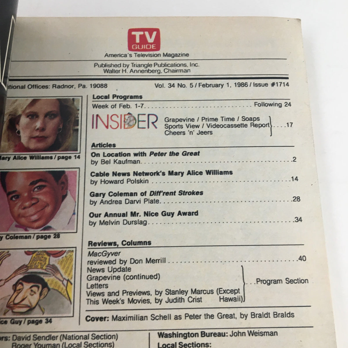 Back cover of TV Guide Magazine February 1 1986, highlighting articles and features including Maximillian Schell as Peter the Great.