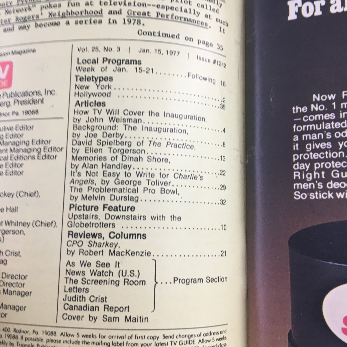 Table of contents from TV Guide Magazine January 15 1977, detailing articles and programs for the week.
