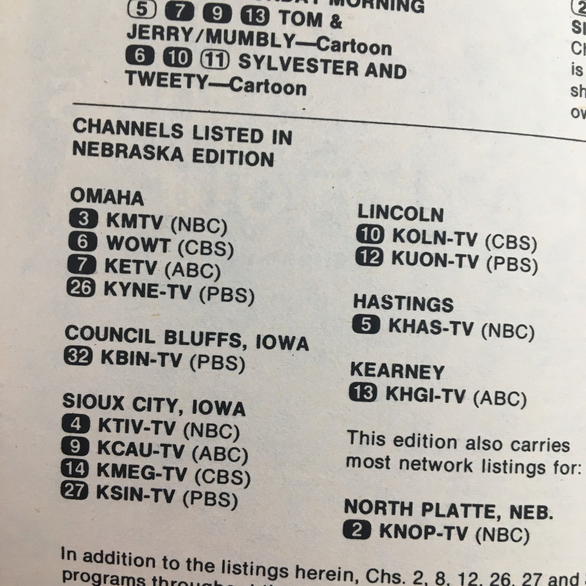 Channel listings in the Nebraska Edition of TV Guide Magazine January 15 1977, displaying local TV stations.