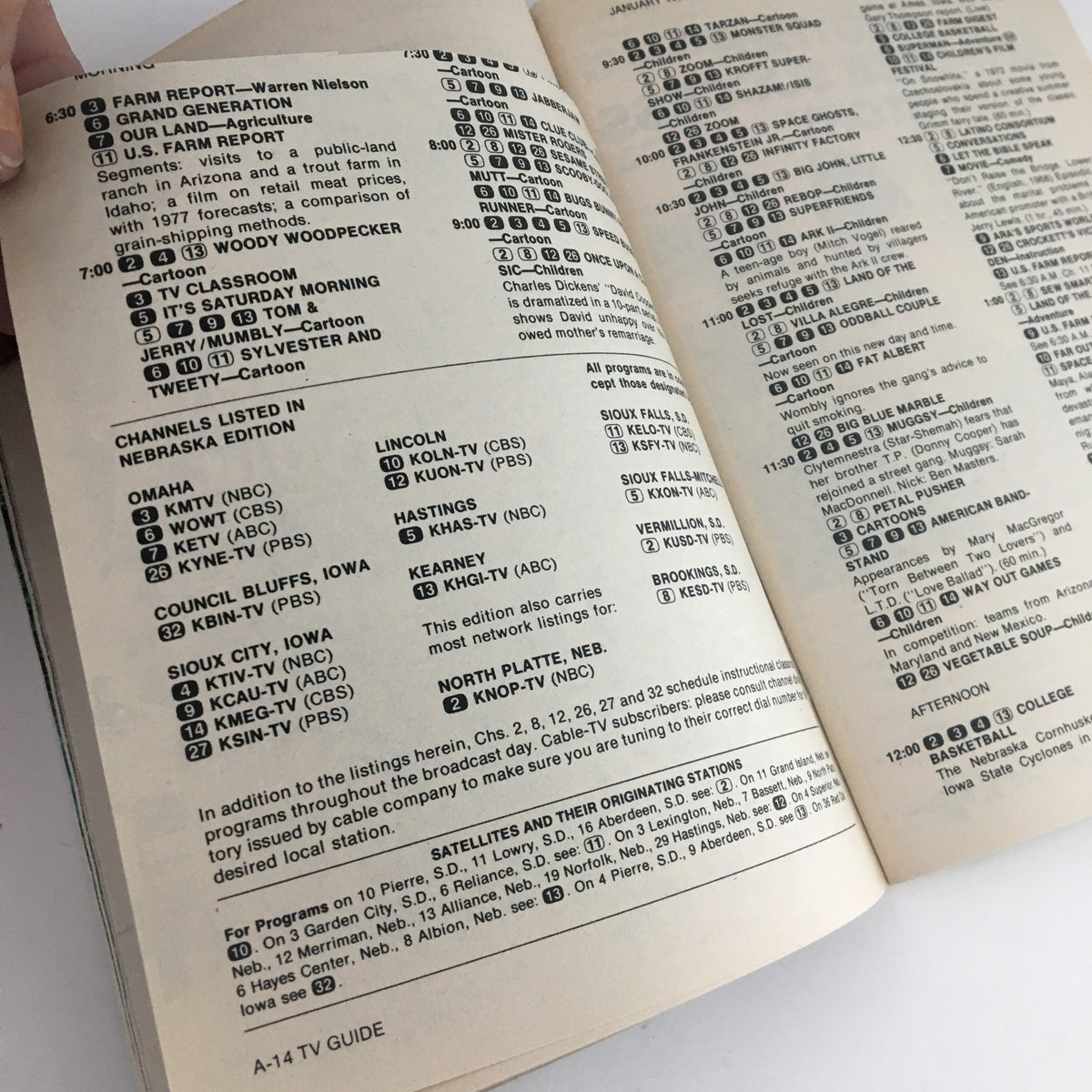Inside view of the TV Guide Magazine from January 15, 1977, showcasing the program listings for the Nebraska Edition, including popular shows and channel information.