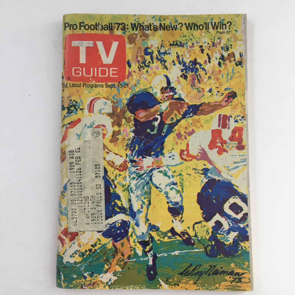 Cover of TV Guide Magazine September 15, 1973, featuring TV's Fred W. Friendly, with vibrant artwork illustrating a football scene, highlighting the cultural significance of television in the early 70s.