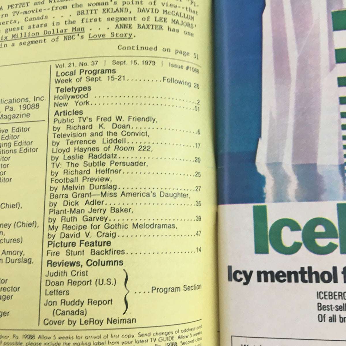 Inside page of TV Guide Magazine September 15, 1973, detailing local programming and articles including a feature on Fred W. Friendly, reflecting the entertainment landscape of the era.