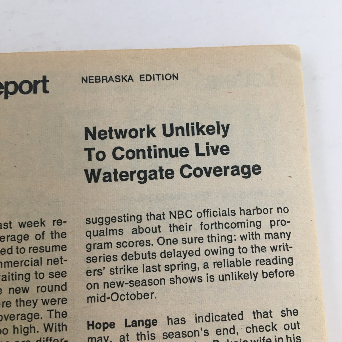Nebraska Edition headline from TV Guide Magazine September 15, 1973, discussing NBC's coverage of the Watergate scandal, representing key television history from that time.