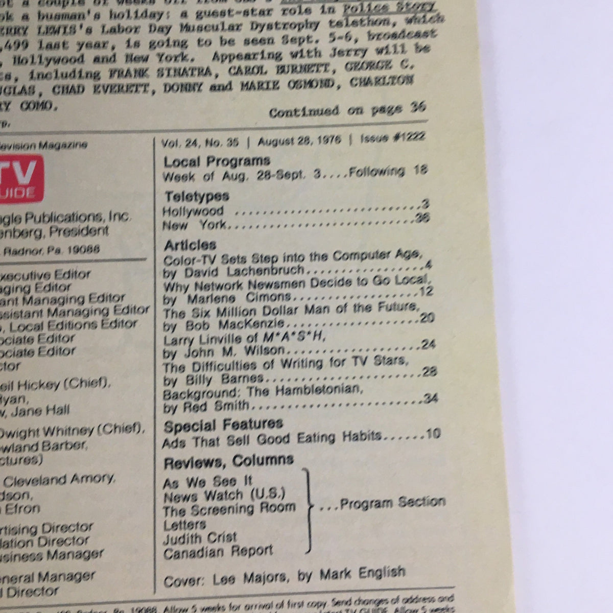 Inside page of TV Guide Magazine August 28 1976, listing local programs and articles related to television events of the era.