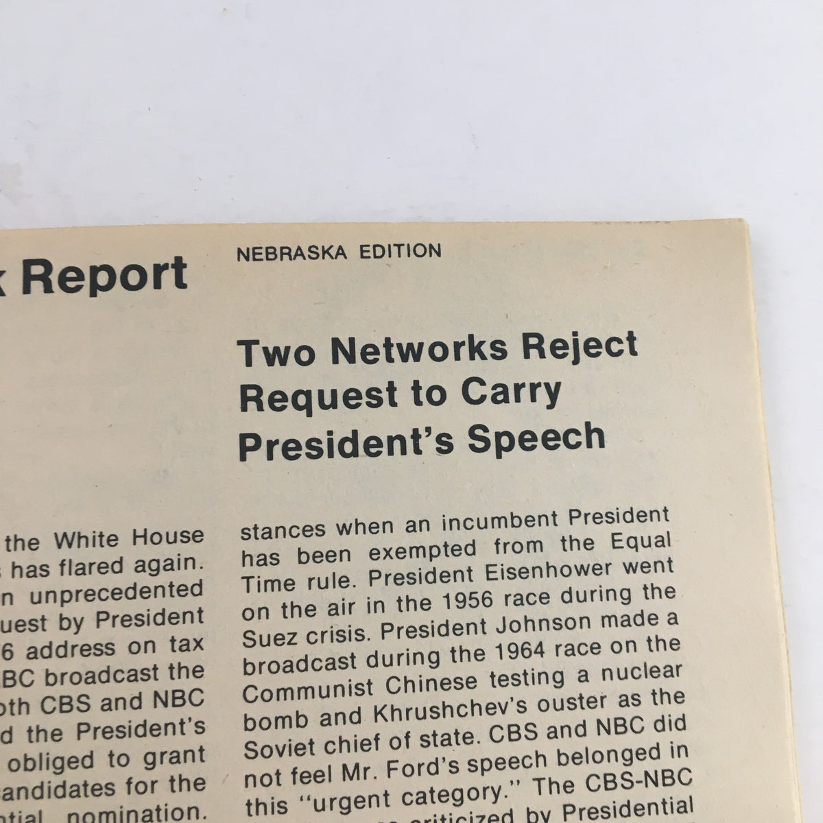 Article excerpt from TV Guide Magazine October 18 1975, titled 'Two Networks Reject Request to Carry President’s Speech,' part of the Nebraska Edition.