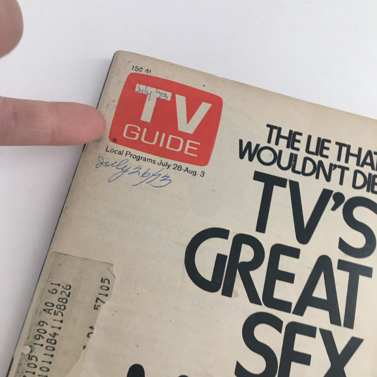 Close-up of the cover of TV Guide Magazine July 28 1973 highlighting the title 'TV's Great Sex Movie Scare' and the publication details.