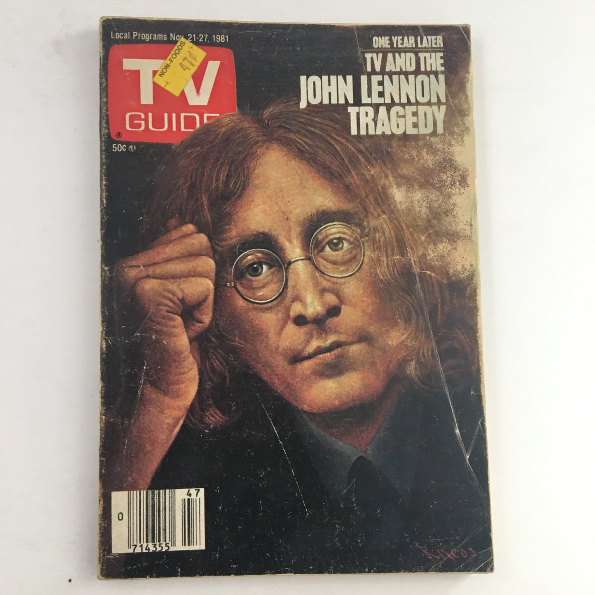 Cover of TV Guide Magazine from November 21, 1981, featuring John Lennon, highlighting the theme 'TV and the John Lennon Tragedy'. A historical collectible for magazine enthusiasts.