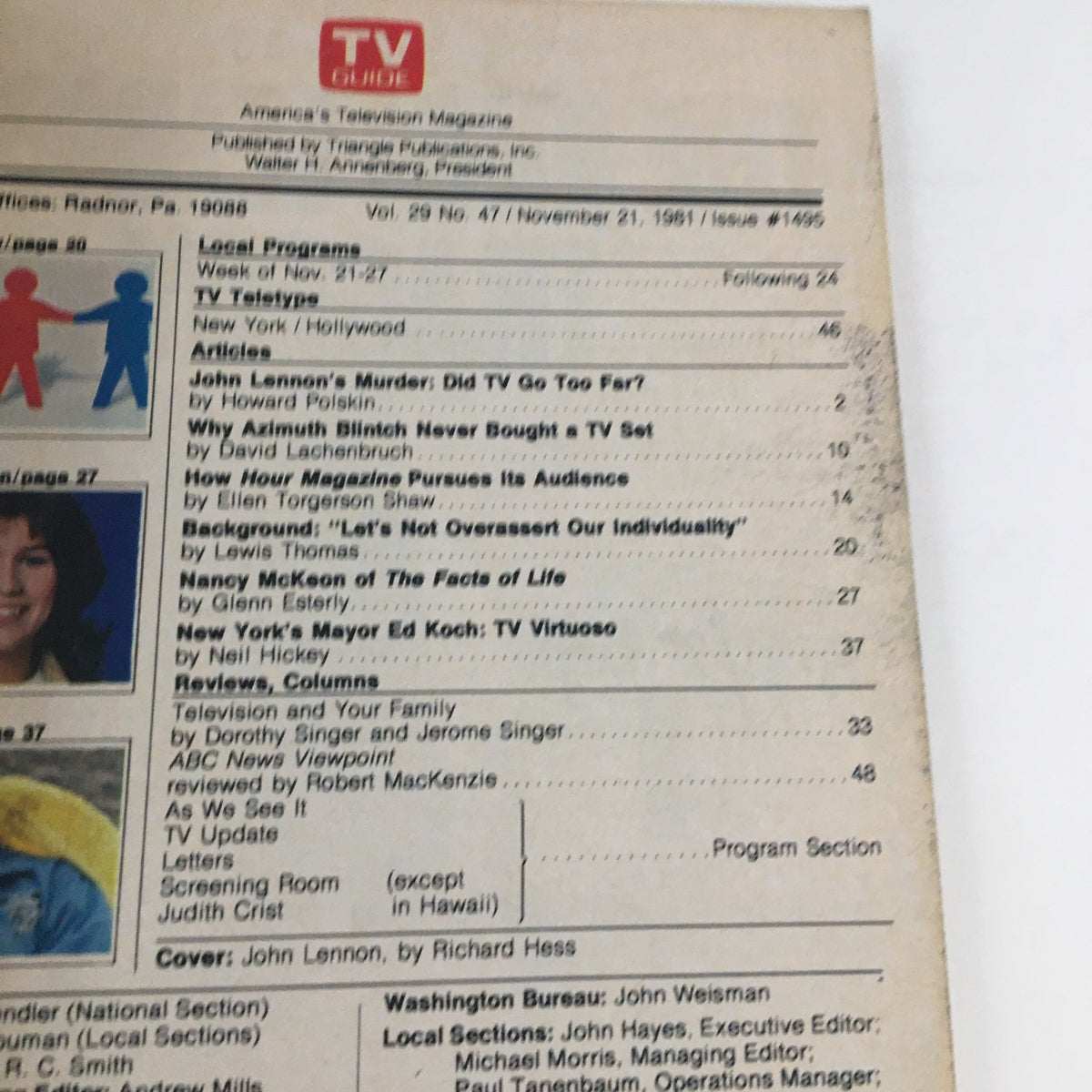 Back cover of TV Guide Magazine from November 21, 1981, reveals articles and features, reflecting the era's television landscape from a nostalgic perspective.