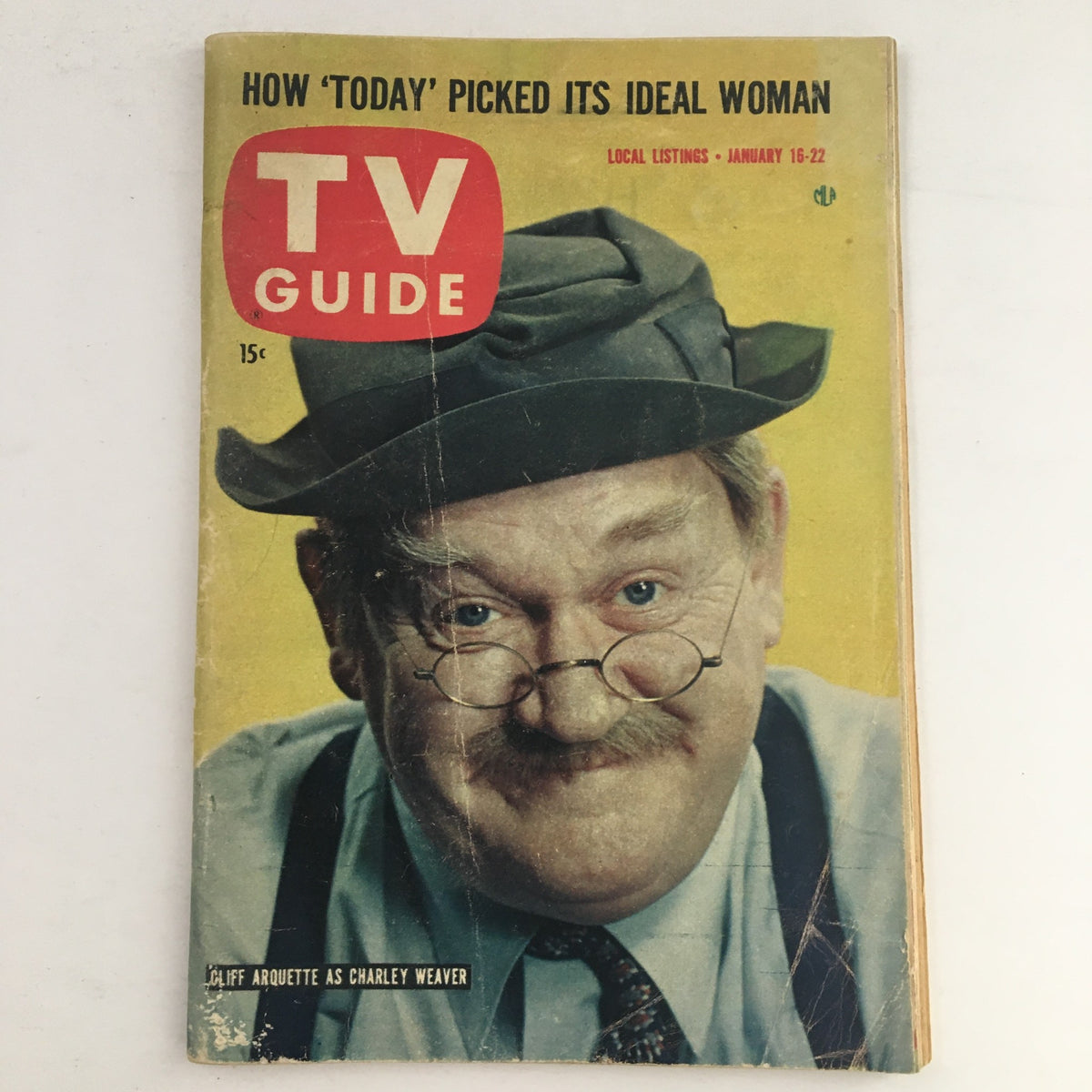 Cover of TV Guide Magazine January 16 1960 featuring Cliff Arquette as Charley Weaver, showcasing vintage design and local listings for the week.