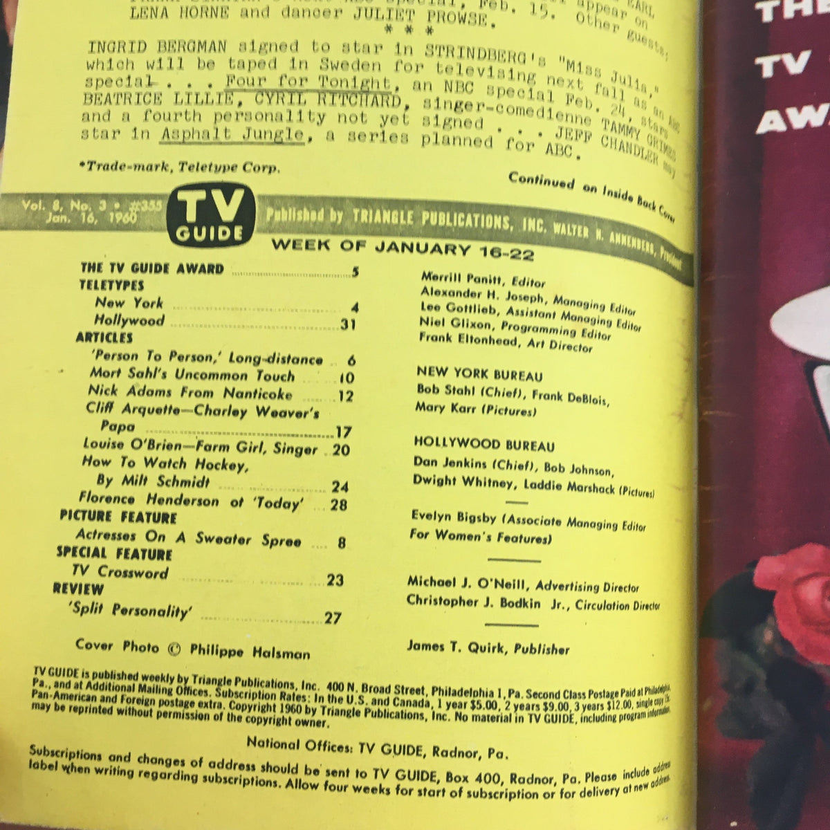 Inside page of TV Guide Magazine January 16 1960 displaying the TV Guide Award section and the week's programming highlights.
