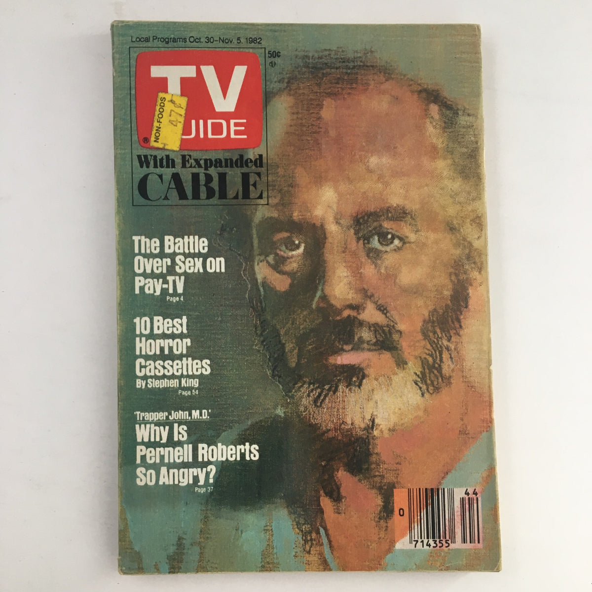 TV Guide Magazine October 30 1982 featuring a cover image of Pernell Roberts with a price sticker, highlighting articles on pay-TV and horror cassettes.