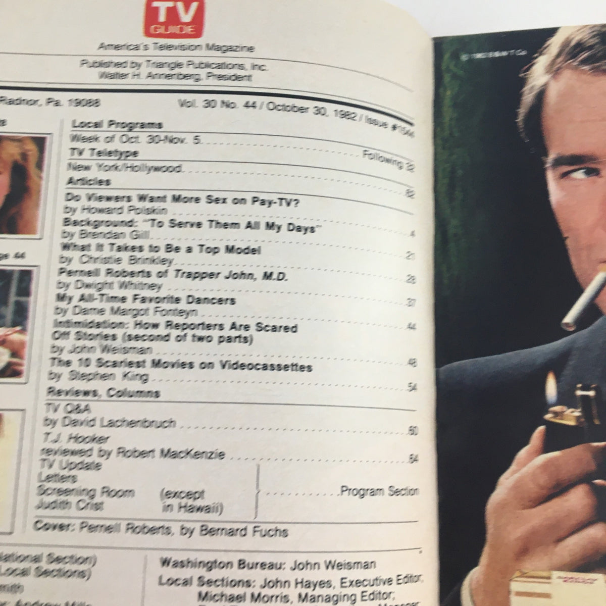 Inside page of TV Guide Magazine October 30 1982 showcasing the table of contents with articles including Pernell Roberts' feature and insights on TV programming.
