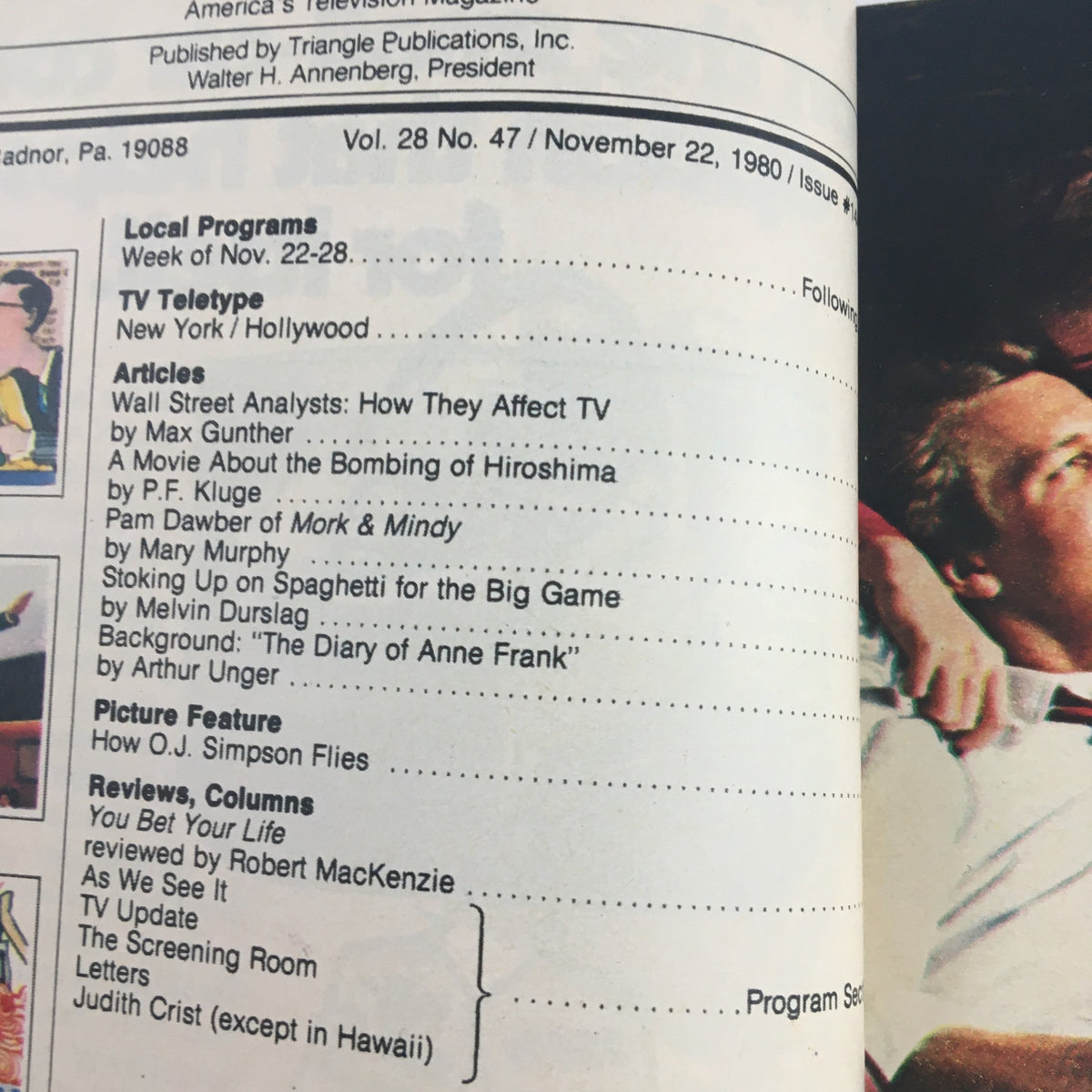 Interior page of TV Guide Magazine November 22 1980 featuring articles including Pam Dawber from Mork & Mindy and local programs.