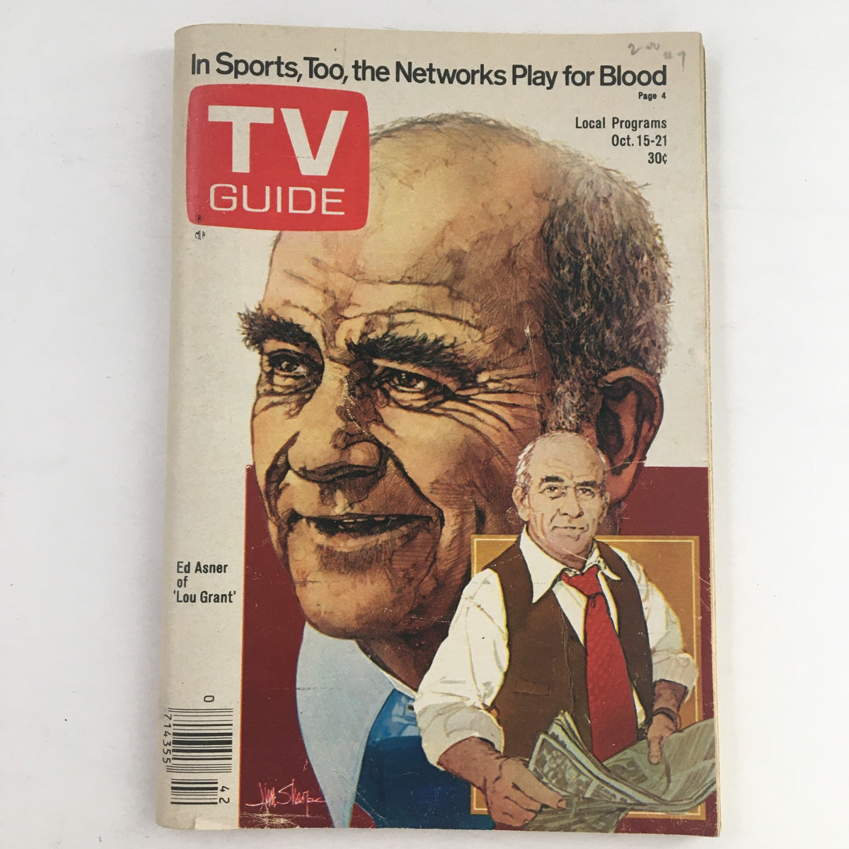 TV Guide Magazine cover from October 15, 1977 featuring Ed Asner, known for his role in Lou Grant, showcasing vintage television history.
