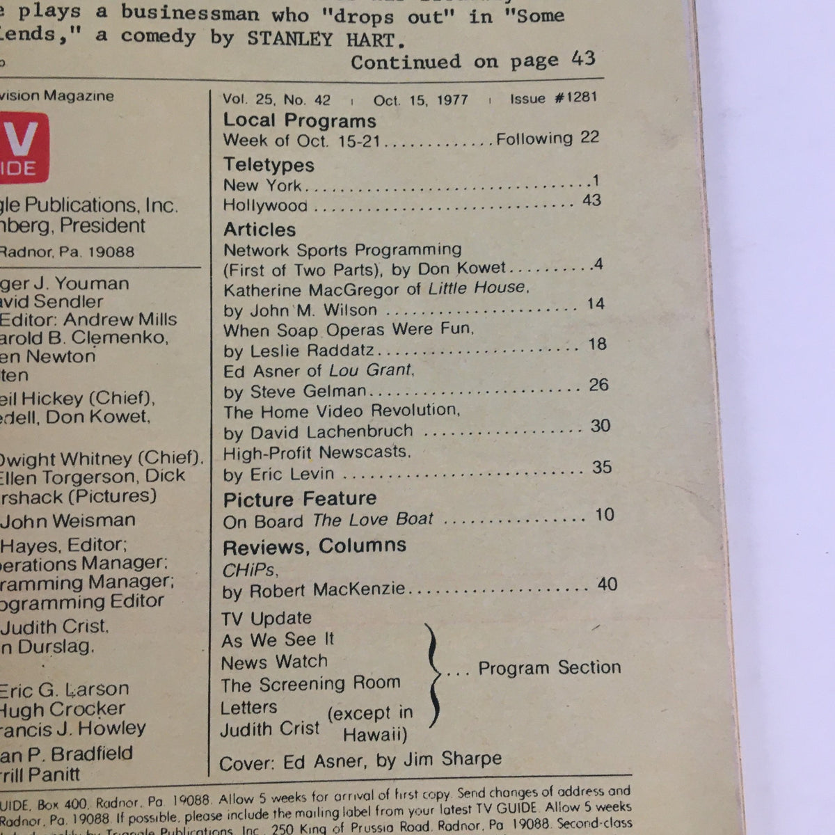 Inside content of TV Guide Magazine October 15, 1977, displaying articles and programming details from the era.