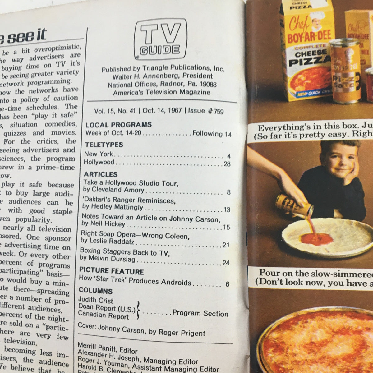 TV Guide Magazine October 14 1967 featuring Johnny Carson, displaying local programming and article listings, Philadelphia Edition.