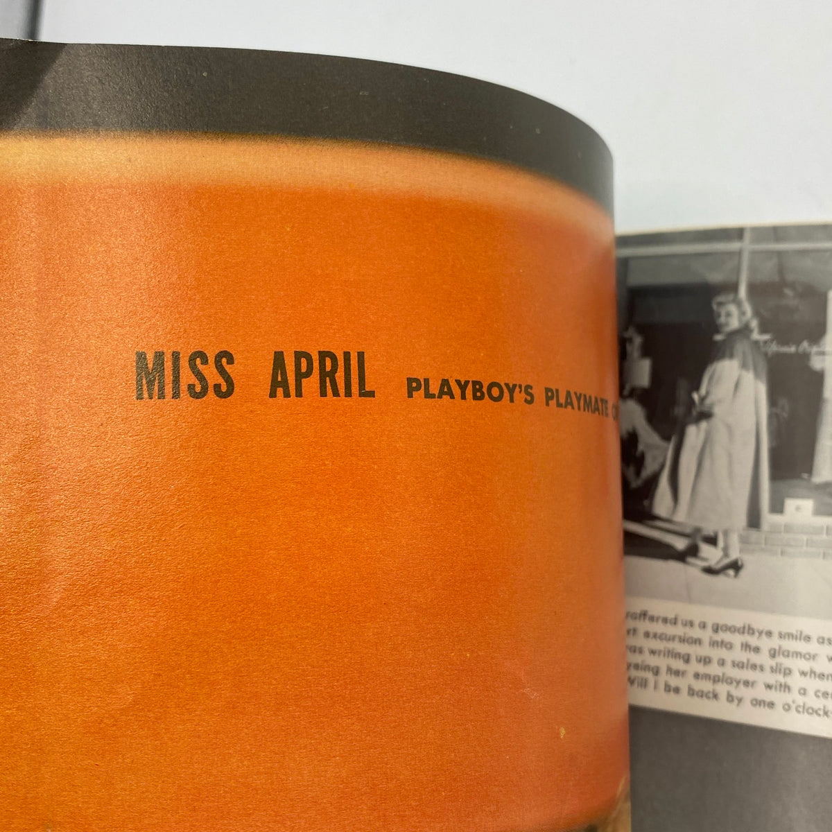 VTG Playboy Magazine April 1957 showcasing the announcement page for Miss April, highlighting the magazine's Playmate of the Month feature.