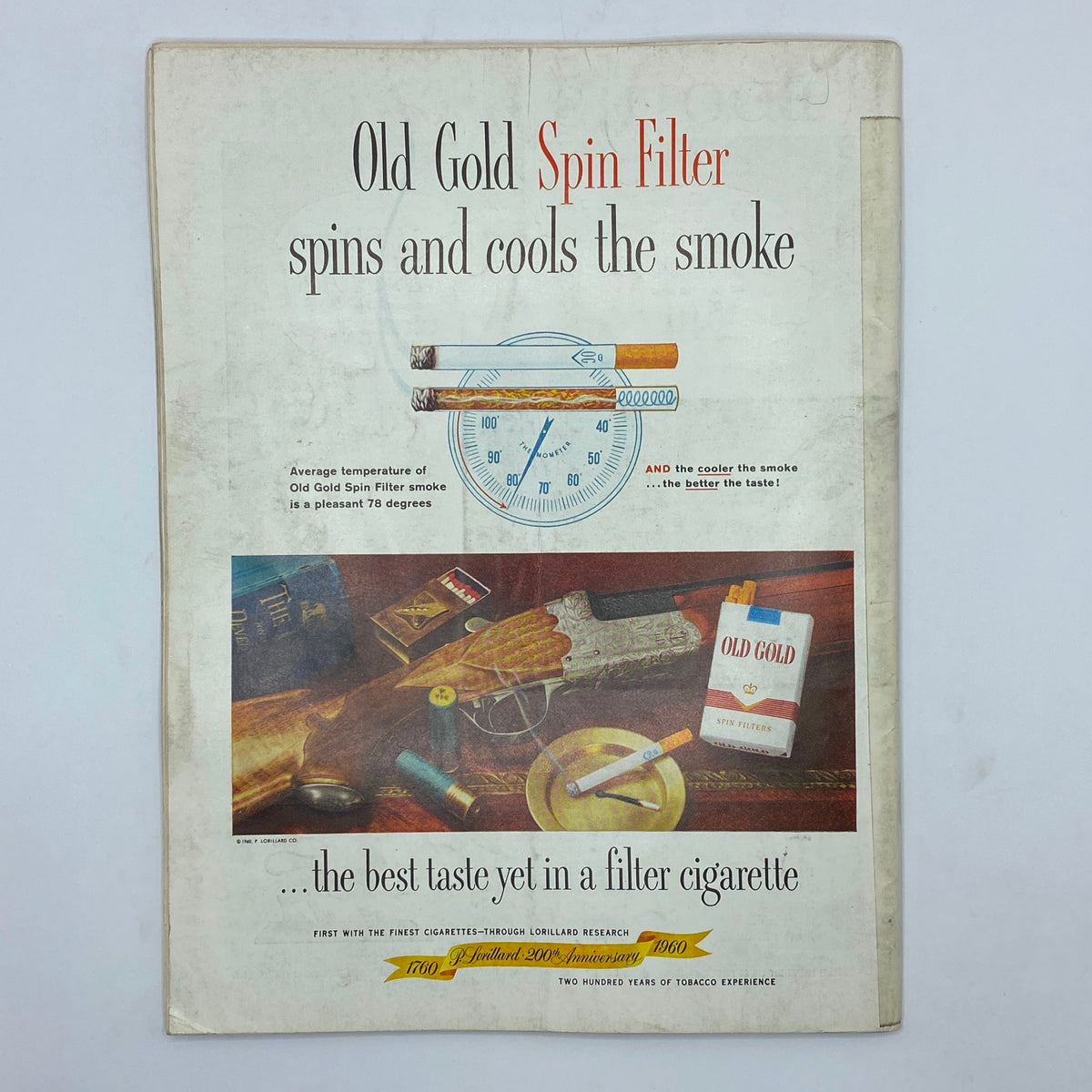 VTG Playboy Magazine June 1960 advertisement for Old Gold Spin Filter cigarettes, featuring a vintage design celebrating 200 years of tobacco experience.
