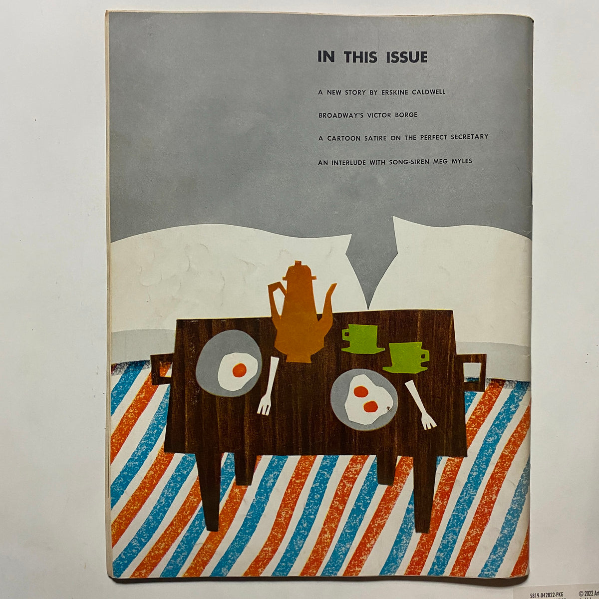 VTG Playboy Magazine May 1956, featuring an illustrated contents page with artistic depiction of a breakfast table, reflecting the magazine's diverse content.
