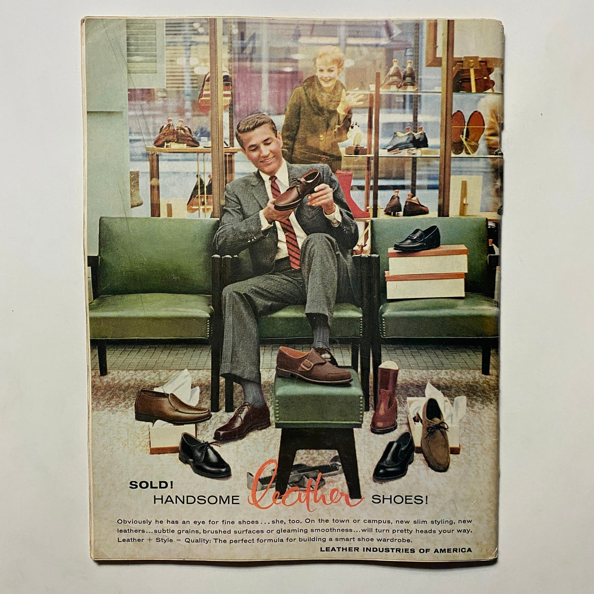 Vintage advertisement showcasing a well-dressed man trying on shoes in a store, highlighted in the VTG Playboy Magazine March 1959 featuring Audrey Daston.