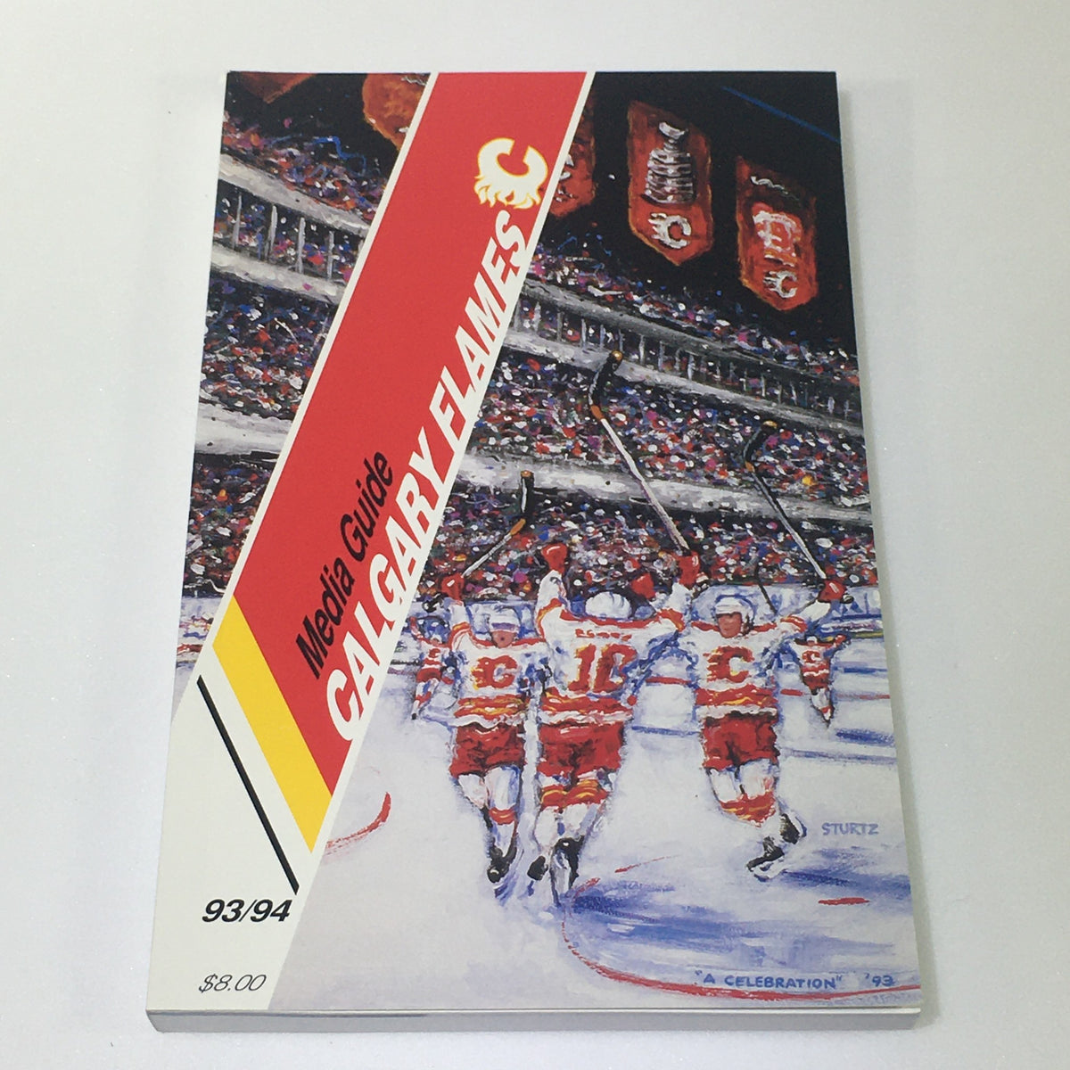 Lot of 7 VTG NHL Official Calgary Flames Media Guide 1990 - 1997 - Cover of Calgary Flames Media Guide 1993-94 featuring a celebratory team illustration.